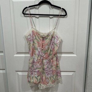 90s Victoria's‎ Secret Gold Label Pink + Green Floral Print Romper [L]